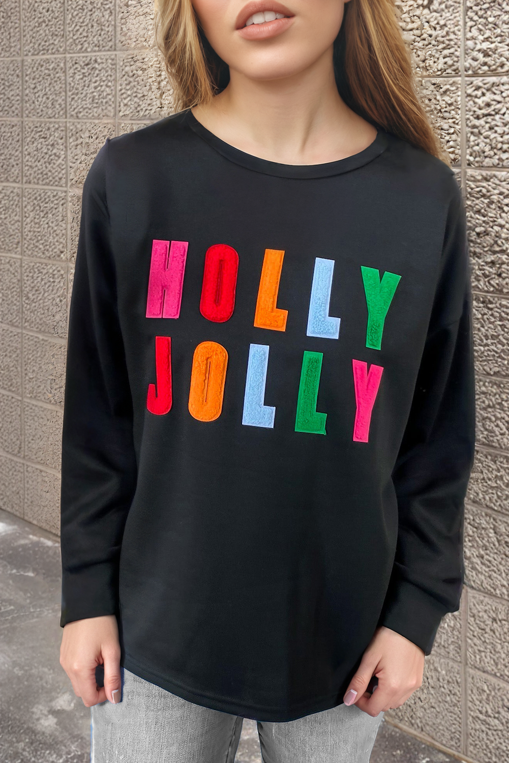 Bonbon Chenille Holly Jolly Graphic Christmas Long Sleeve Sweatshirt