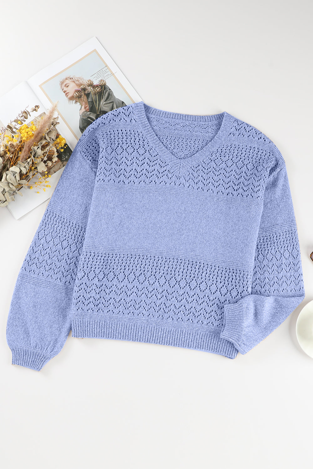 Sky Blue Hollow Long Sleeve V Neck sweater