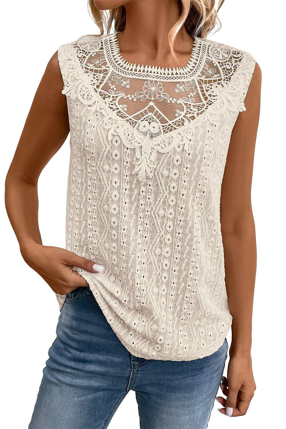 White Guipure Lace Crochet Keyhole Back Sleeveless Top