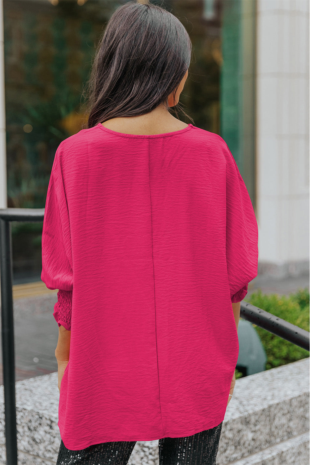 Pink Casual Shirred Cuffs Half Sleeve Top