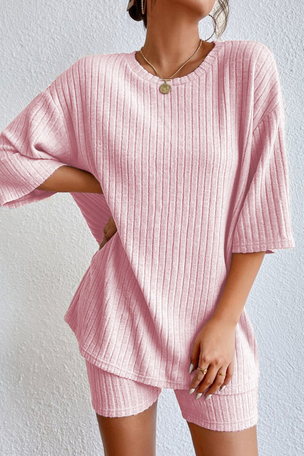 Pink Ribbed Knit Drop Shoulder T Shirt & Shorts Set