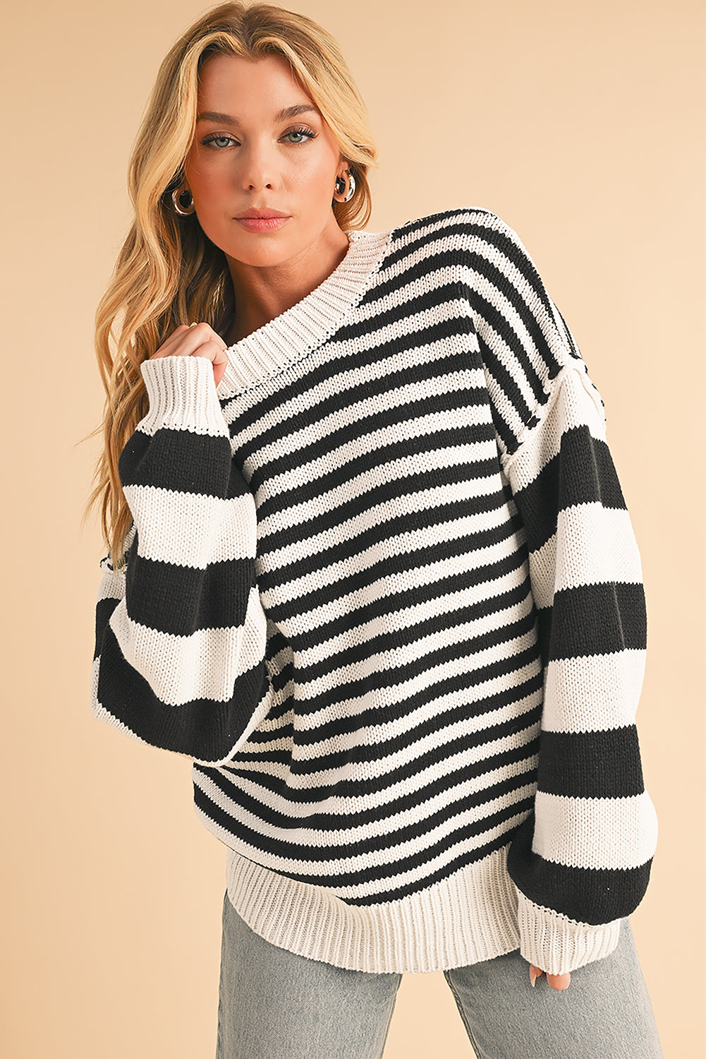 Black & White Striped Drop Sleeve Knit Sweater