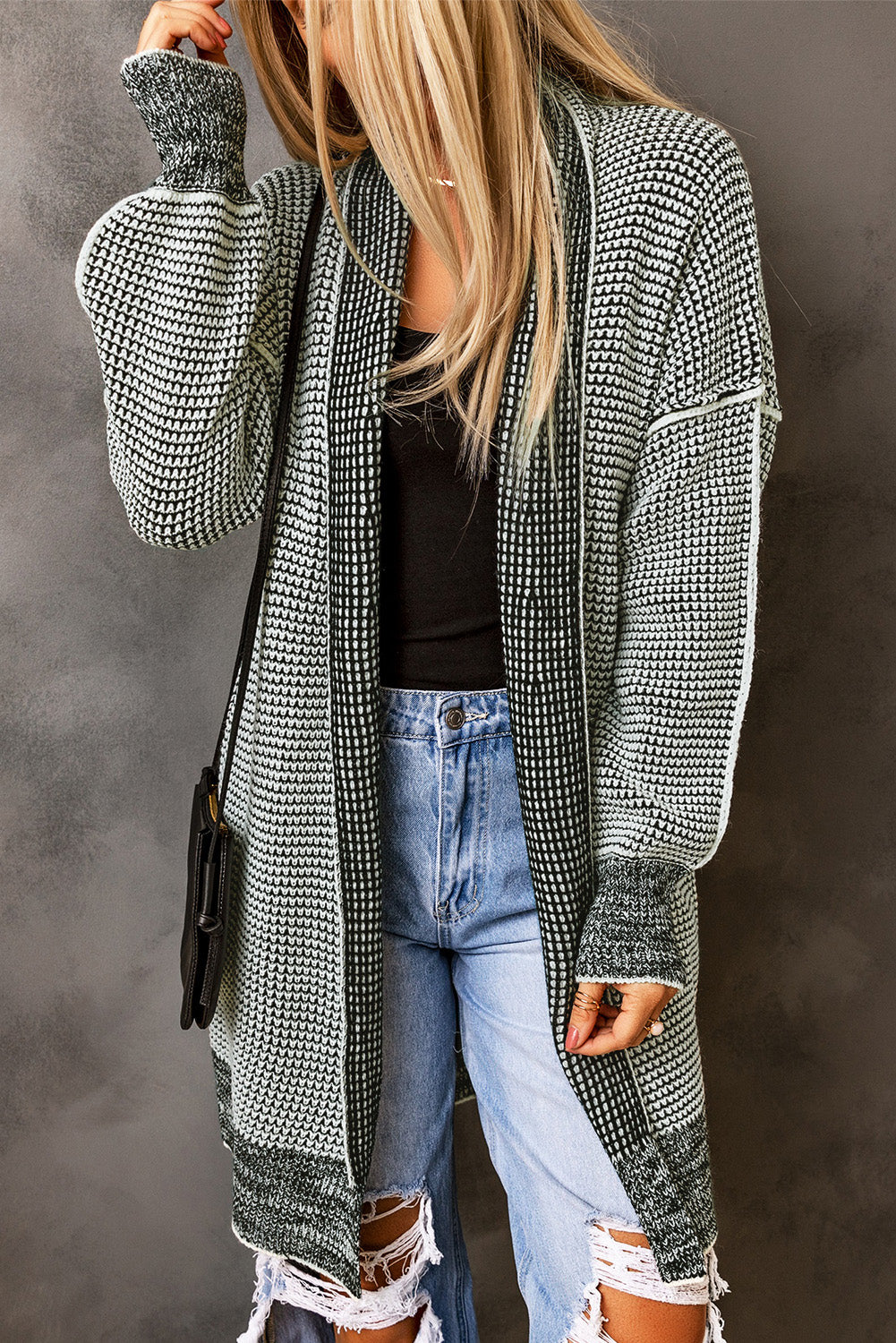 Plaid Contrast Trim Casual Knit Cardigan