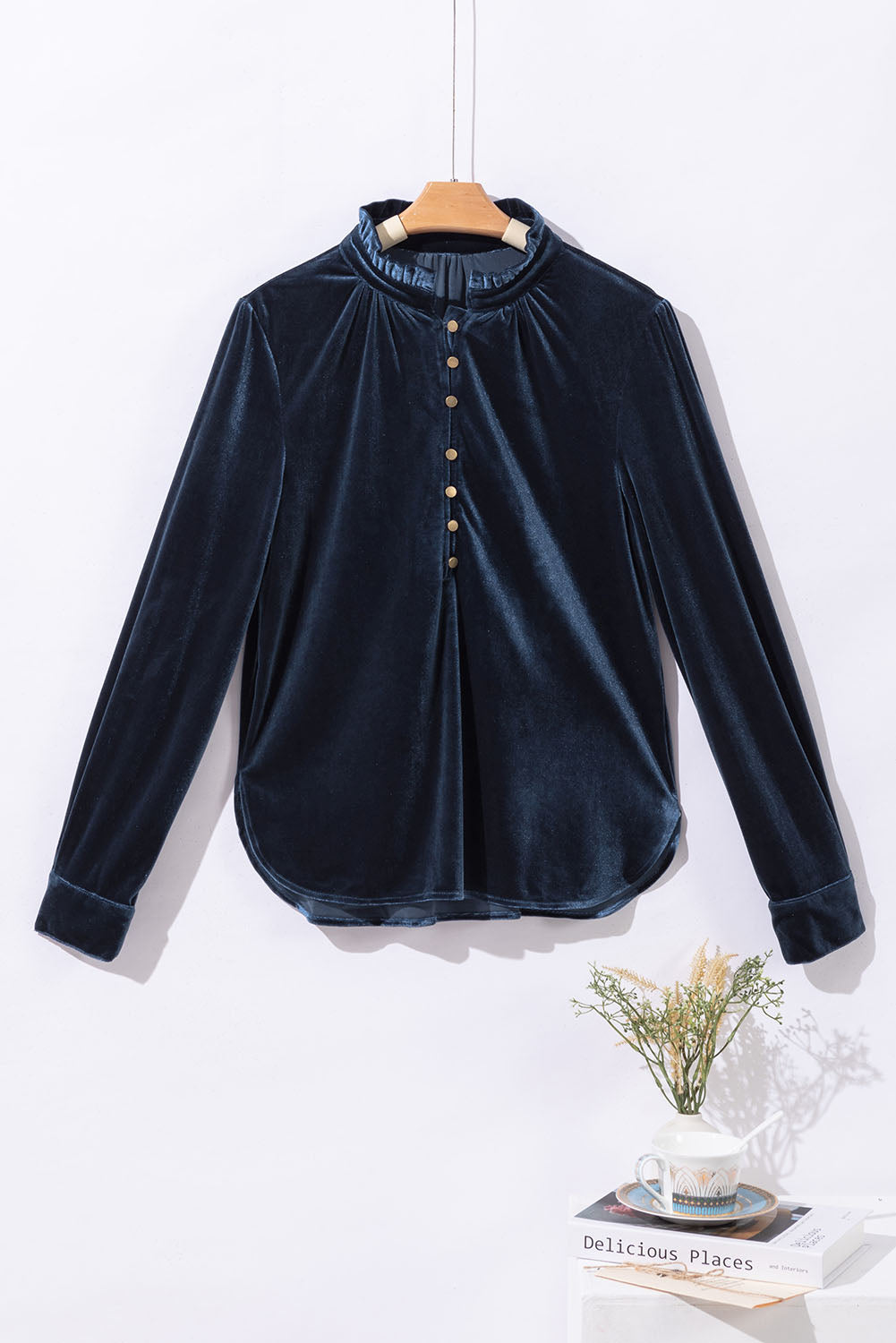 Frilled Neck Buttoned Front Velvet Top