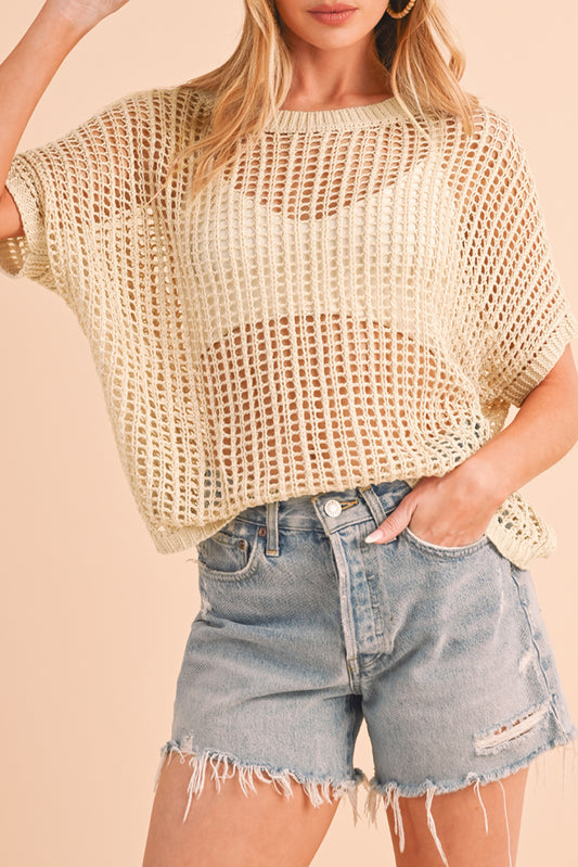Apricot Fishnet Knit Ribbed Round Neck Short Sleeve Tee