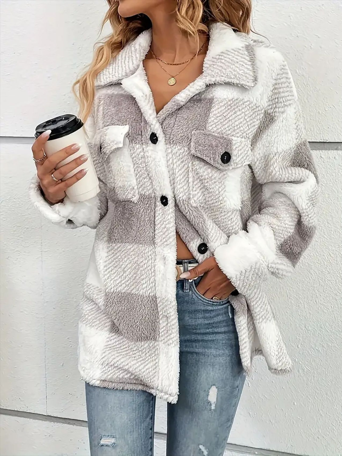 Plaid Dropped Shoulder Long Sleeve Plush Coat