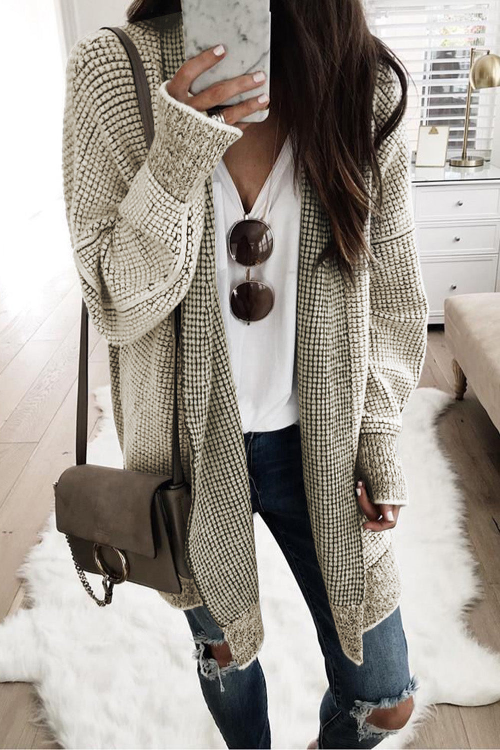 Plaid Contrast Trim Casual Knit Cardigan