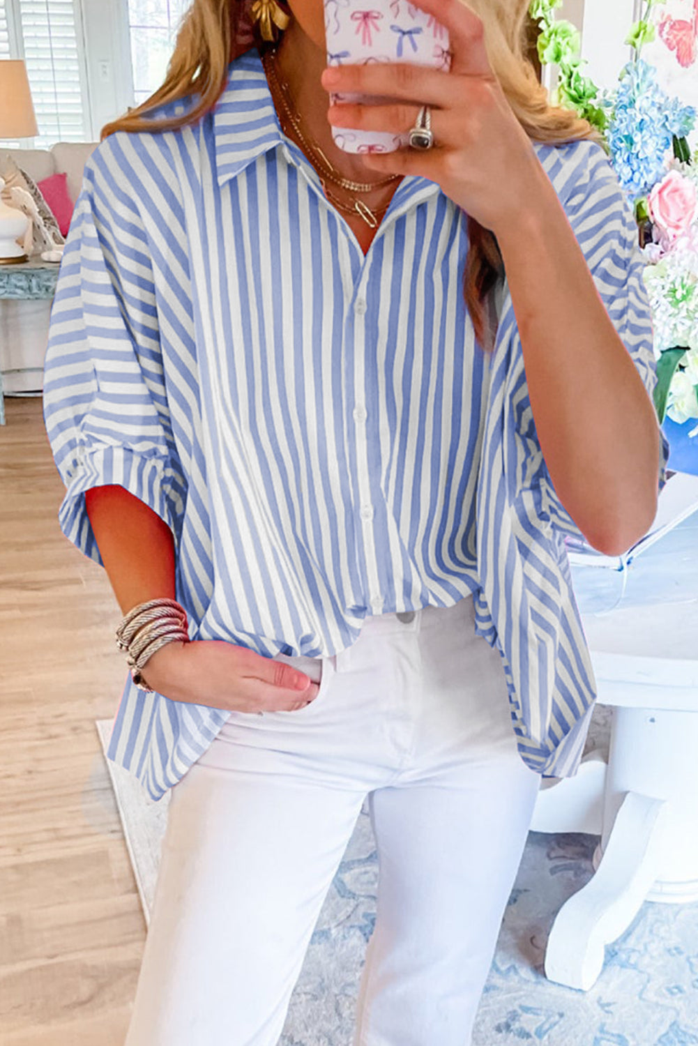 Pink Stripe Button Up Dolman Shirt