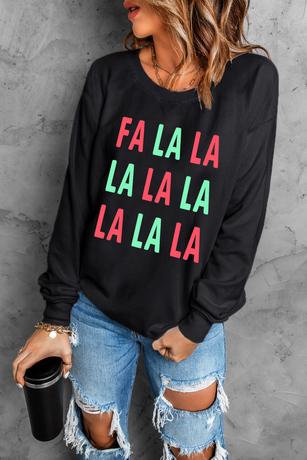 Black FA LA LA LA Print Round Neck Sweatshirt