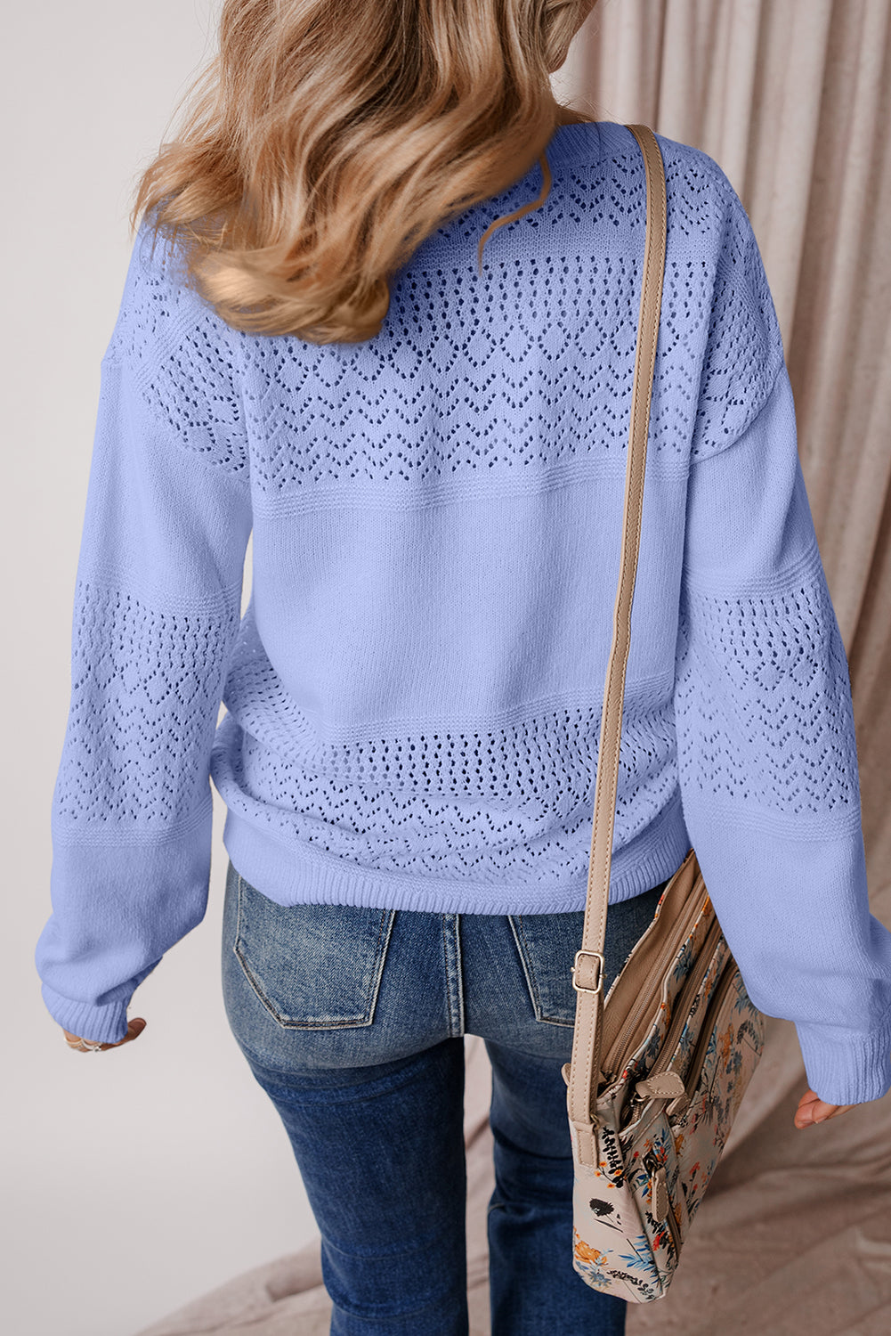 Sky Blue Hollow Long Sleeve V Neck sweater