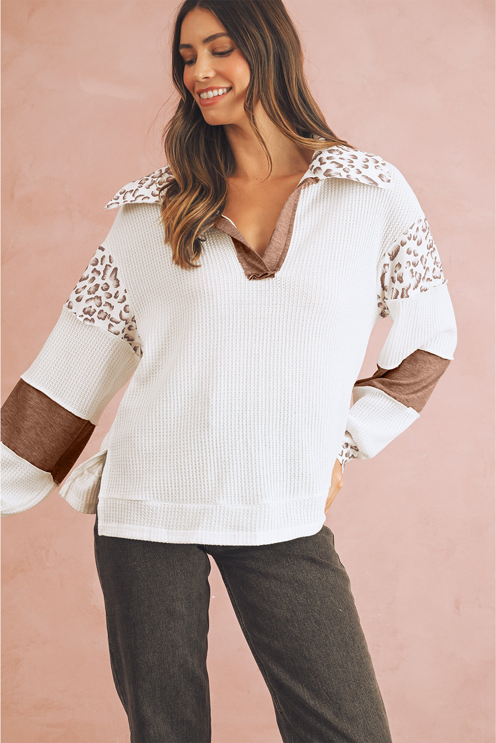 White Leopard Patchwork Turn-down Collar Waffle Top