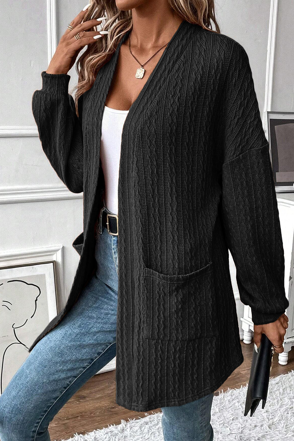 Chestnut Textured Knit Side Pockets Open Front Cardigan