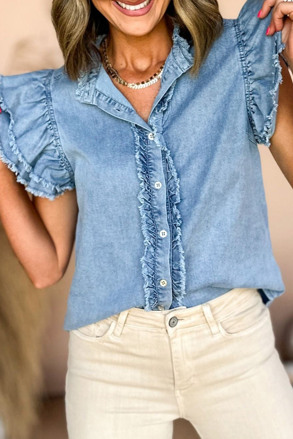 Black Button Front Ruffled Flutter Frayed Denim Top