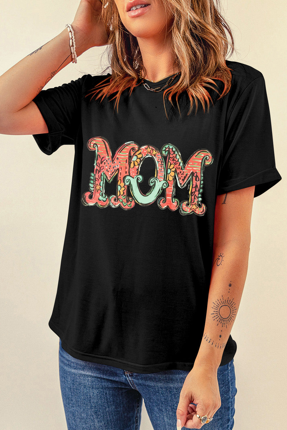 Black Floral MOM Graphic Round Neck T Shirt