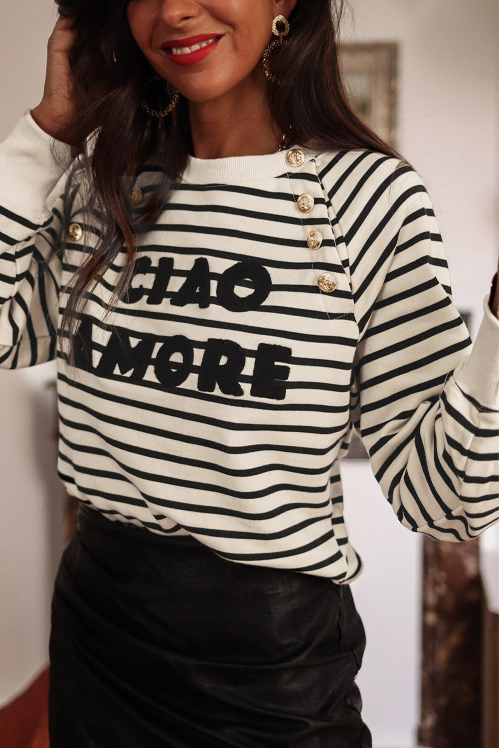 Black Stripe CIAO AMORE Graphic Buttoned Sweatshirt