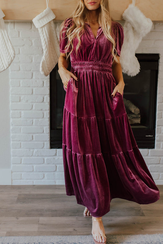 Red Dahlia Velvet Short Sleeve Shirred Waist Tiered Maxi Dress