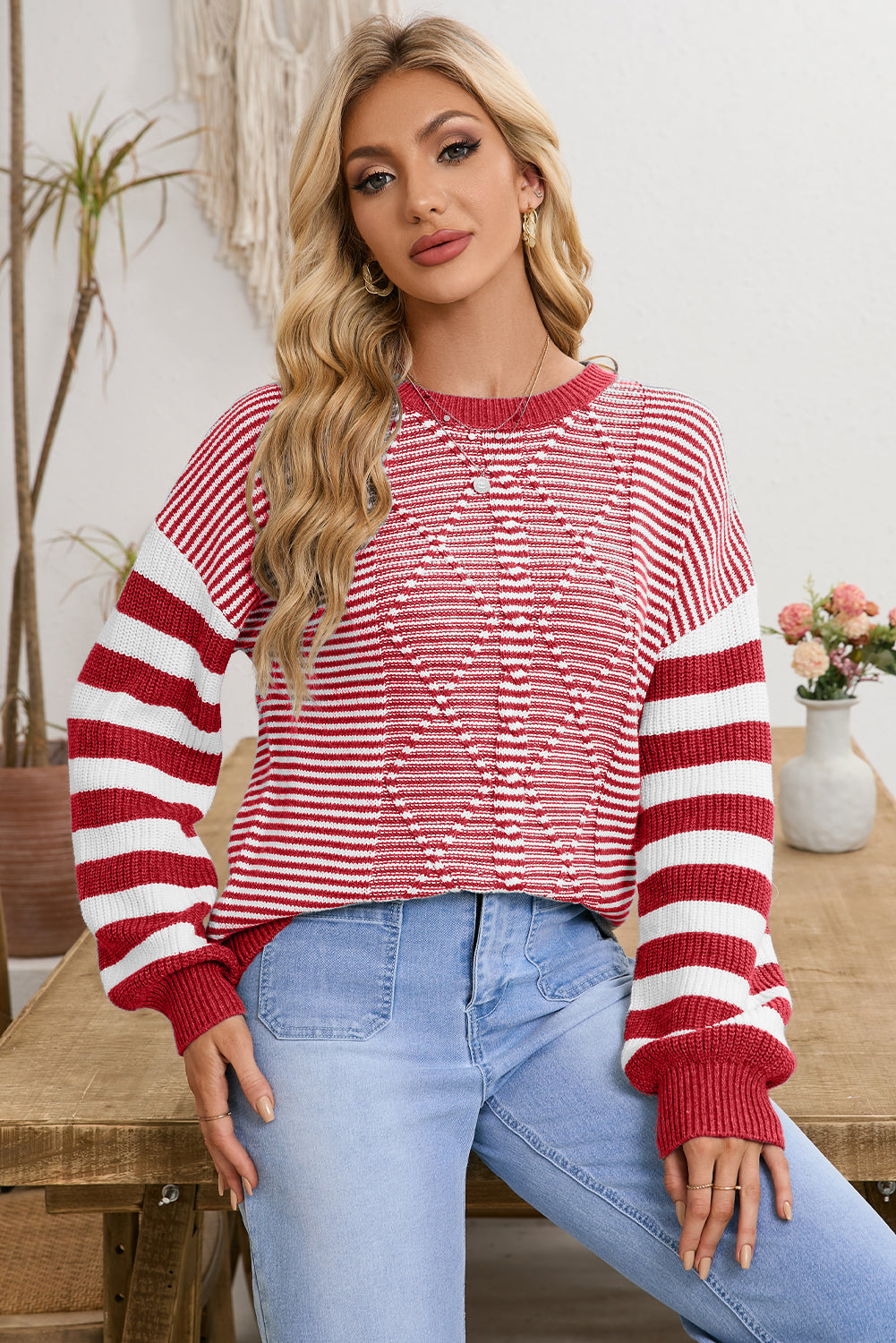 Red and White Stripe Twisted Knitted Drop Shoulder Sweater