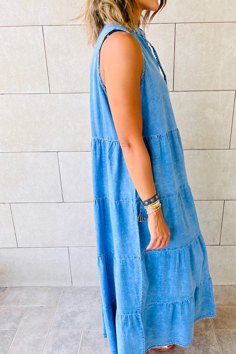 Denim Sleeveless Tiered Chambray Maxi Dress