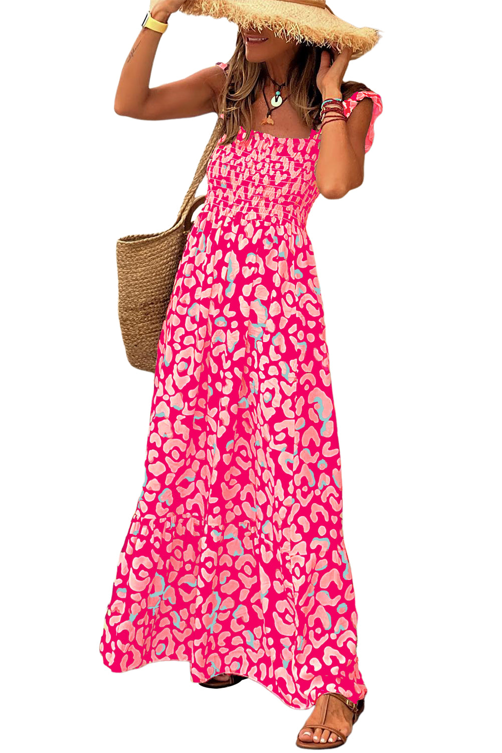 Pink Leopard Ruffle Straps Smocked High Waist Maxi Dress