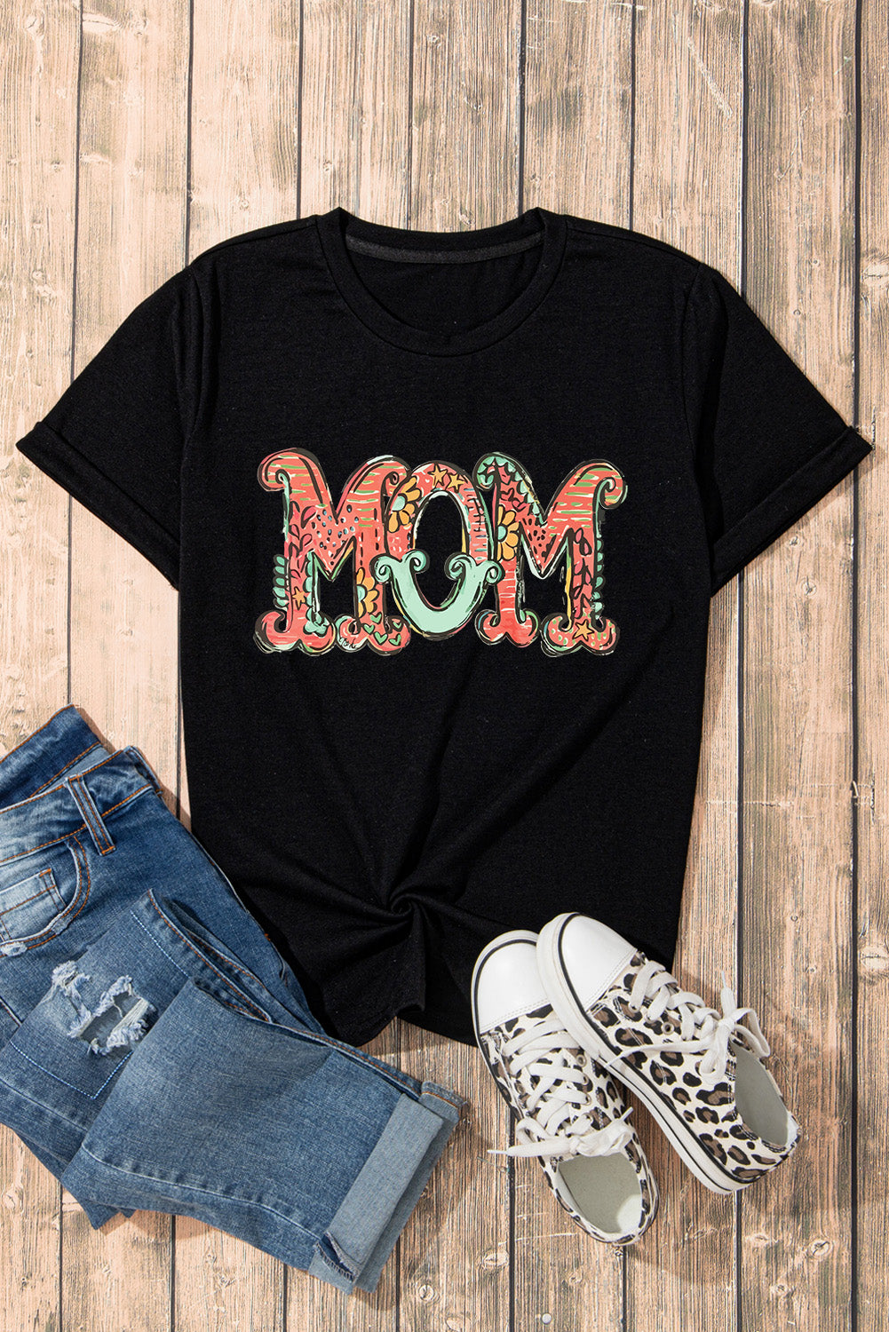 Black Floral MOM Graphic Round Neck T Shirt