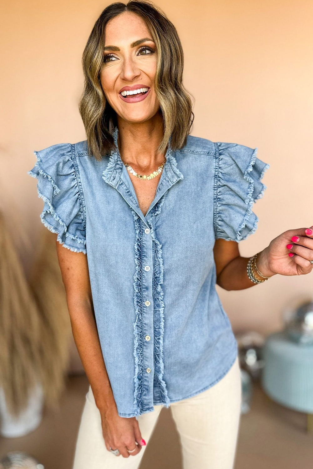 Black Button Front Ruffled Flutter Frayed Denim Top