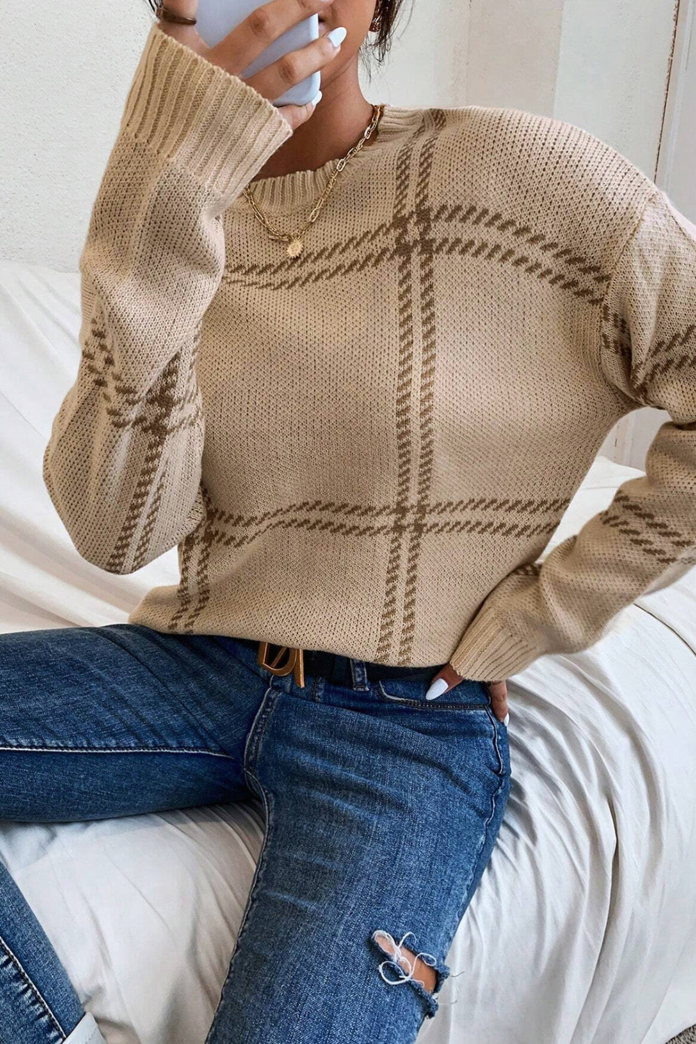 Pink Plaid Pattern Knitted Drop Shoulder Sweater