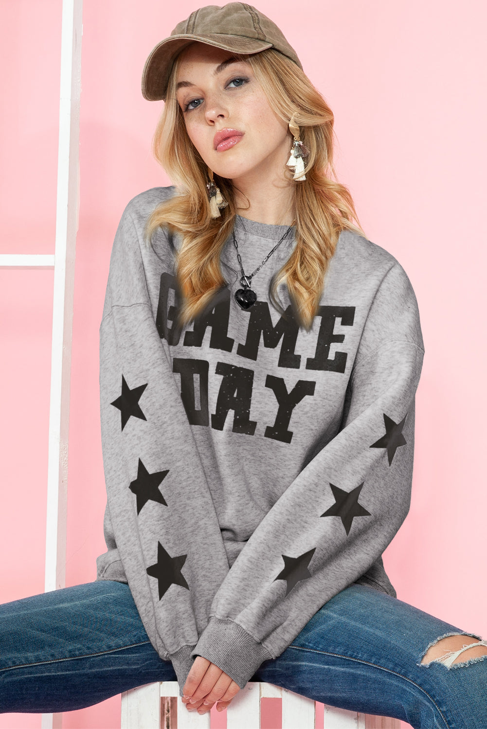 Orange Lettering Game Day Print Star Sleeve Sweatshirt