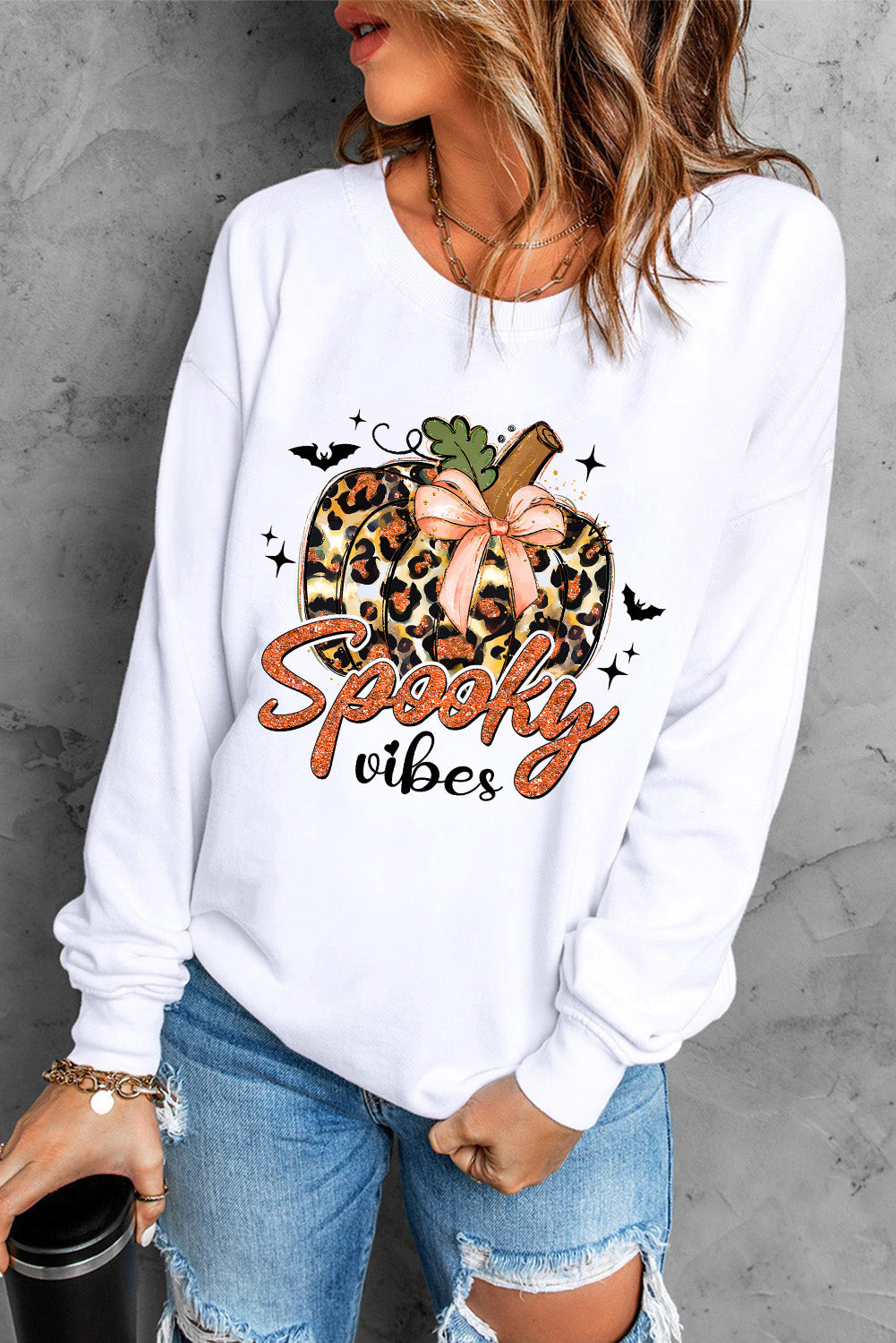 Beige Spooky Leopard Pumpkin Print Crew Neck Graphic Sweatshirt