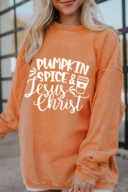 Pumpkin Spice and Jesus Graphic Round Neck Long Sleeve Oversize Sweatshirt