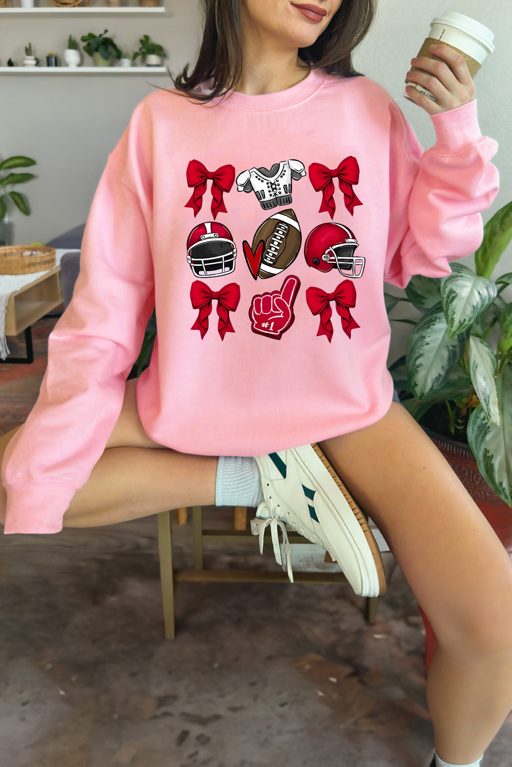 Pink Game Day Football Bowknot Graphic Sweatshirt