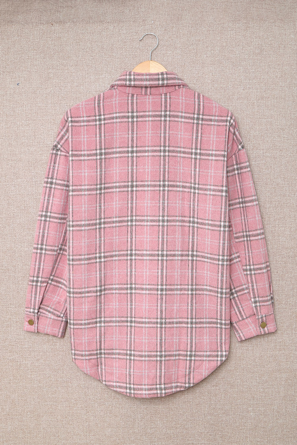 Pink Plaid Casual Button Up Shirt Shacket with Slits