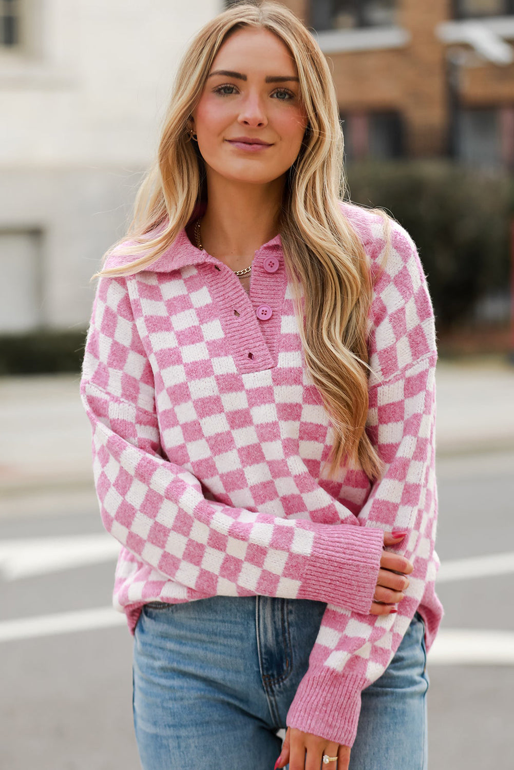 Pink Checkered Buttons Collar V Neck Drop Shoulder Sweater