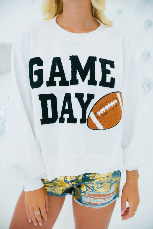 White GAME DAY Football Graphic Varsity Pullover Sweatshirt