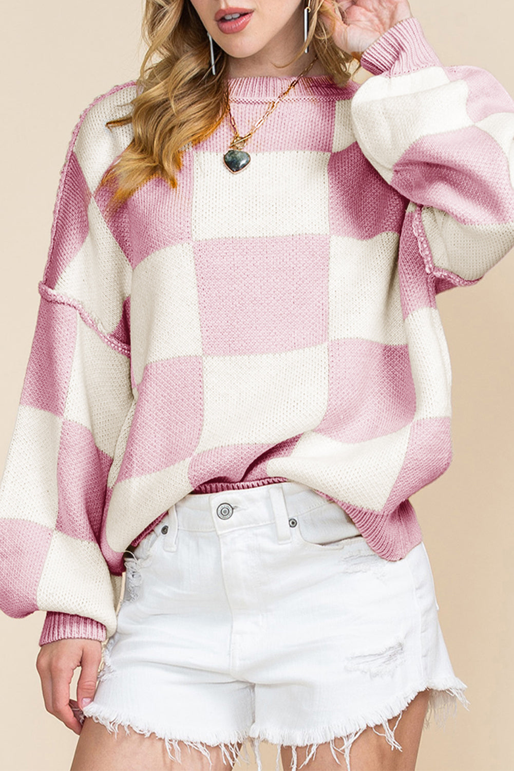 Checkered Bishop Sleeve Pullover Sweater