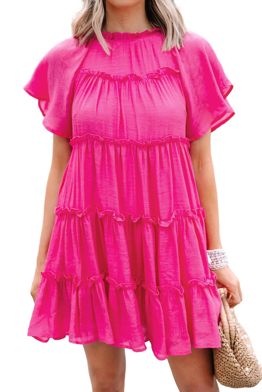 Rose Red Solid Color Flounce Sleeve Frill Tiered Dress