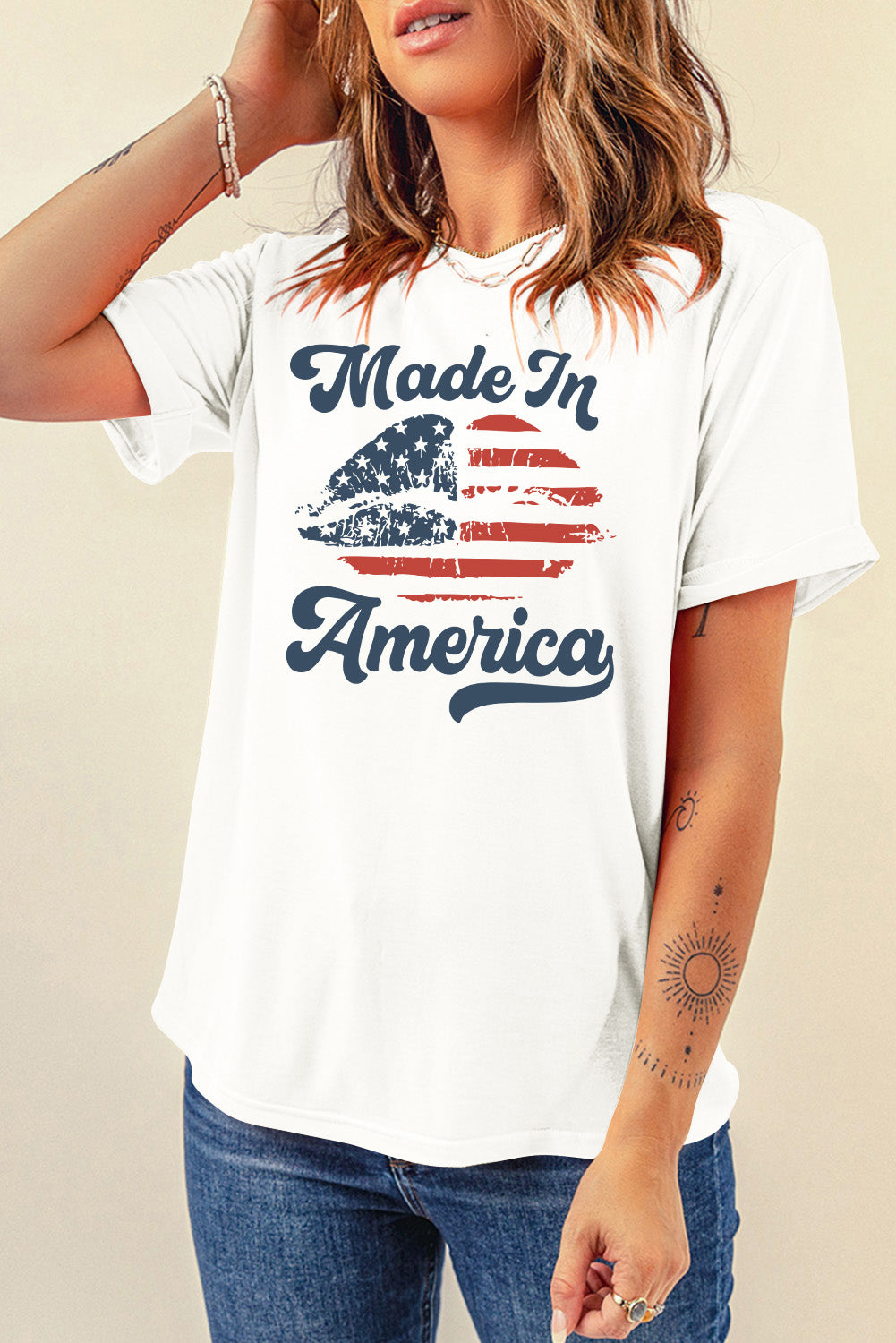 White Made in America Lip Graphic O Neck T Shirt