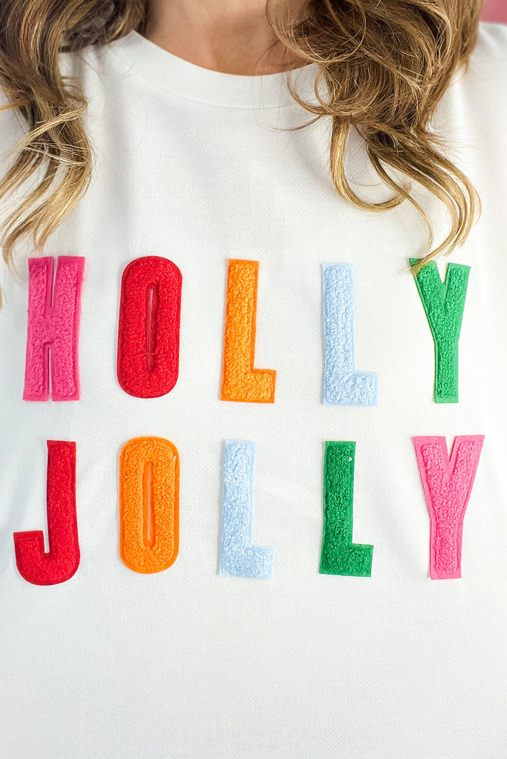 White HOLLY JOLLY Chenille Letter Christmas Plus Size Sweatshirt