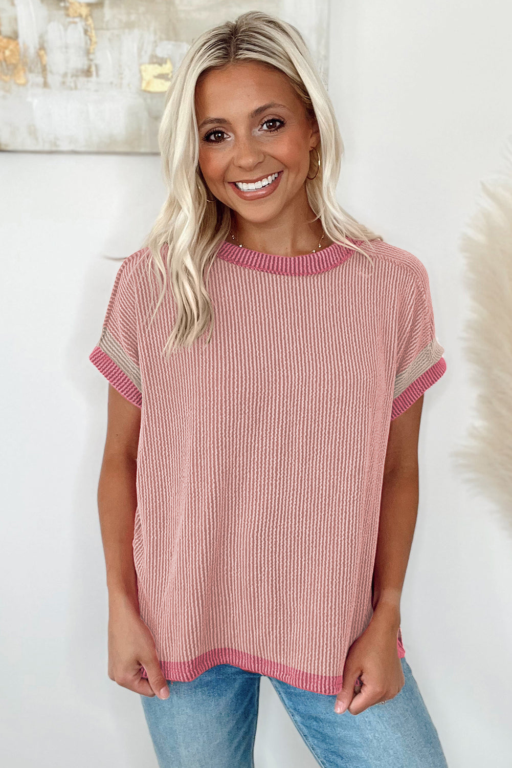 Light Pink Textured Colorblock Round Neck T Shirt