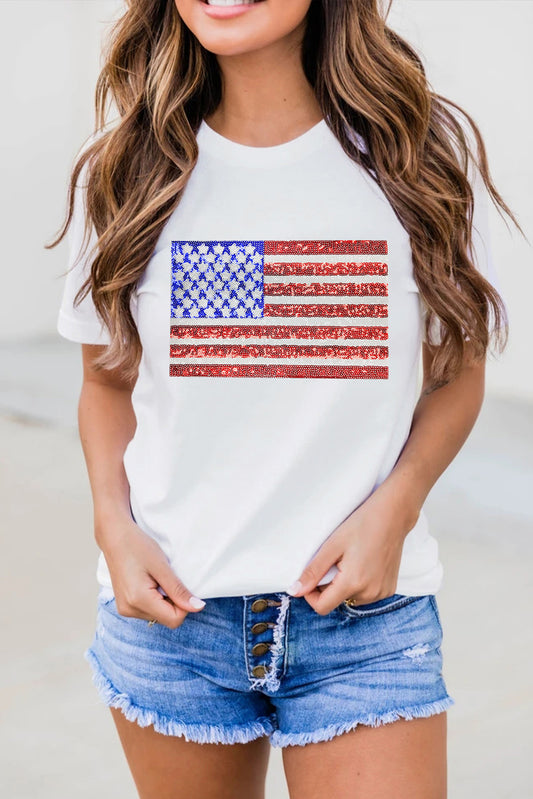 White Shimmery USA Flag Graphic Round Neck Tee