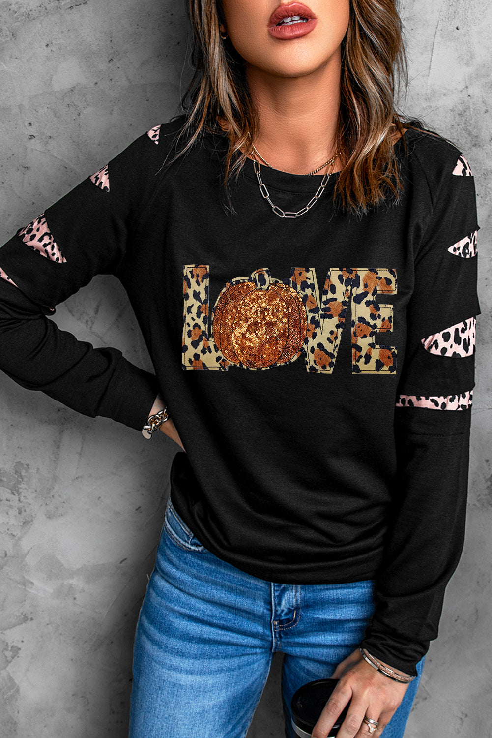 Black LOVE Sequin Pumpkin Leopard Print Cut Out Sleeve Sweatshirt