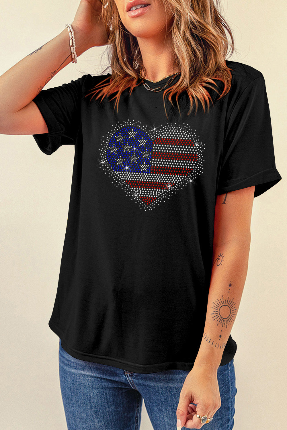 Black Rhinestone American Flag Heart Shape Graphic Tee