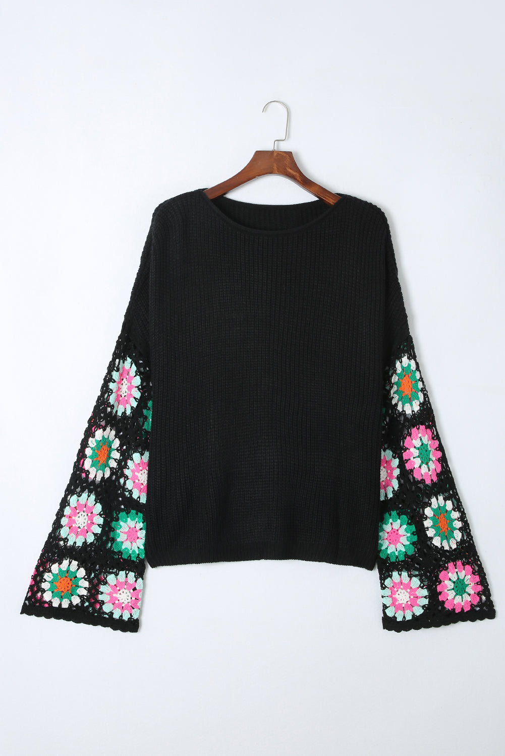 Black Floral Crochet Bell Sleeve Loose Knit Sweater