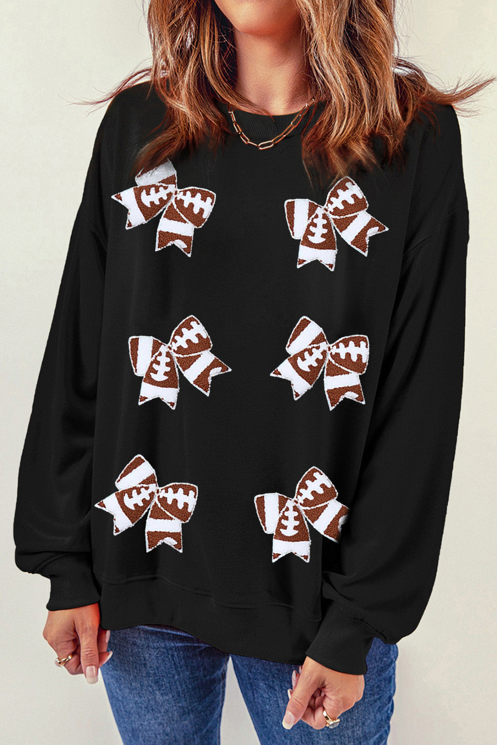 Black Football Bow Knot Graphic Crew Neck Sweatshirt