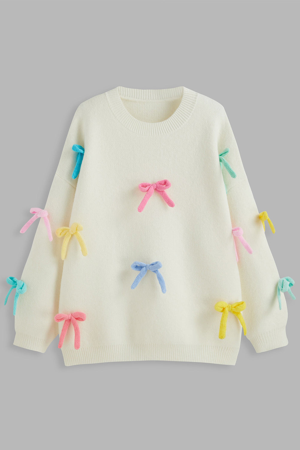 Beige Colorful Bowknot Crewneck Knit Sweater