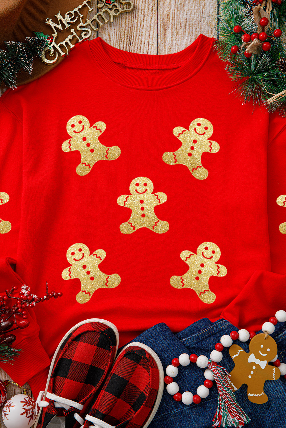 Red Cute Gingerbread Christmas Pullover Sweatshirt