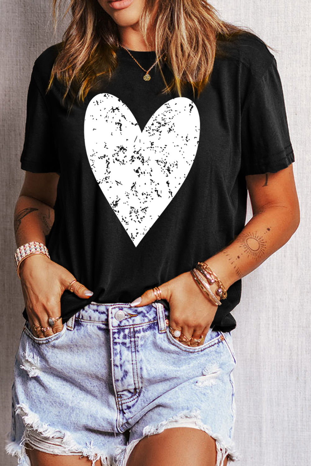 Black Valentines Heart Printed Round Neck T Shirt