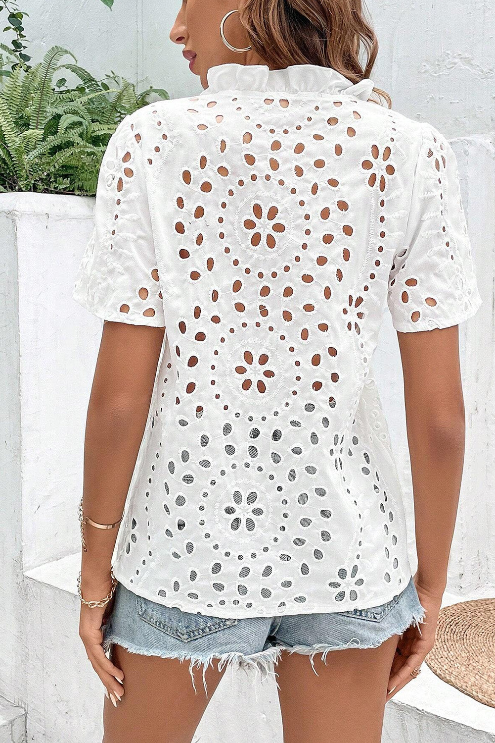 White Boho Geometric Pattern V Neck Cut-out Blouse