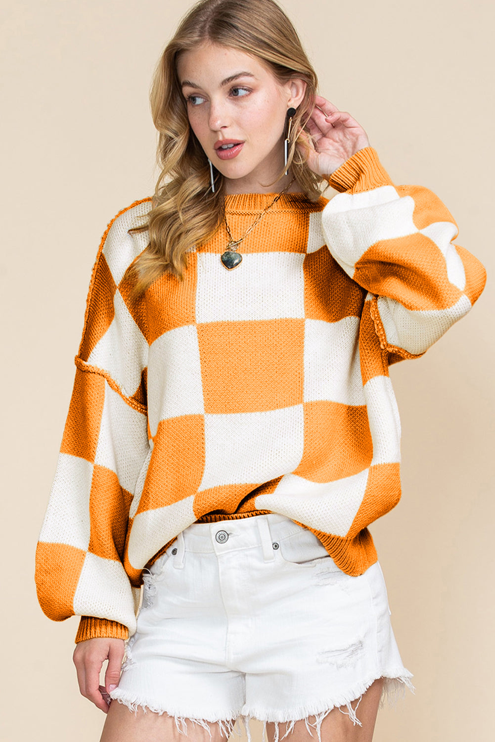 Checkered Bishop Sleeve Pullover Sweater