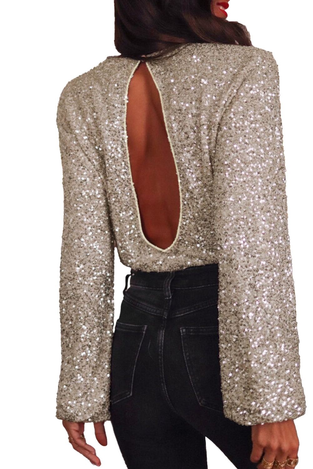 Silvery Sequin Puff Sleeve Cutout Back Blouse