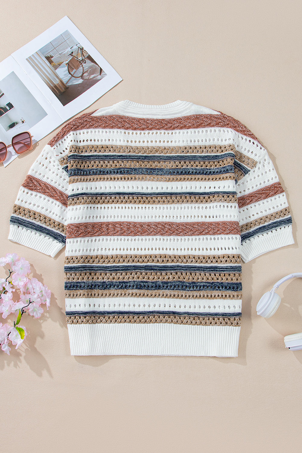 Multicolour Striped V Neck Hollow Knitted Half Sleeve Sweater